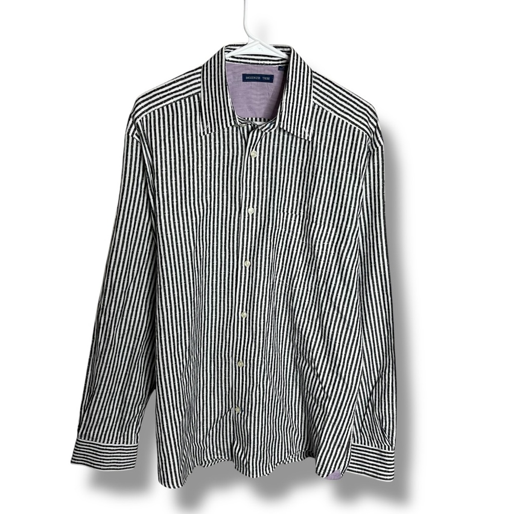 McKenzie Tribe Shirt Mens L Large Gray White Abstract Stripe Button Down